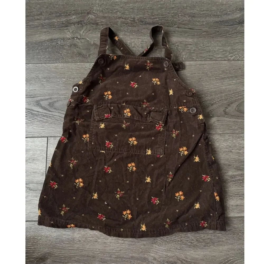 1999 Vintage Gymboree Girl Rainbow Tag Brown Floral Corduroy Overall Dress 2-3T